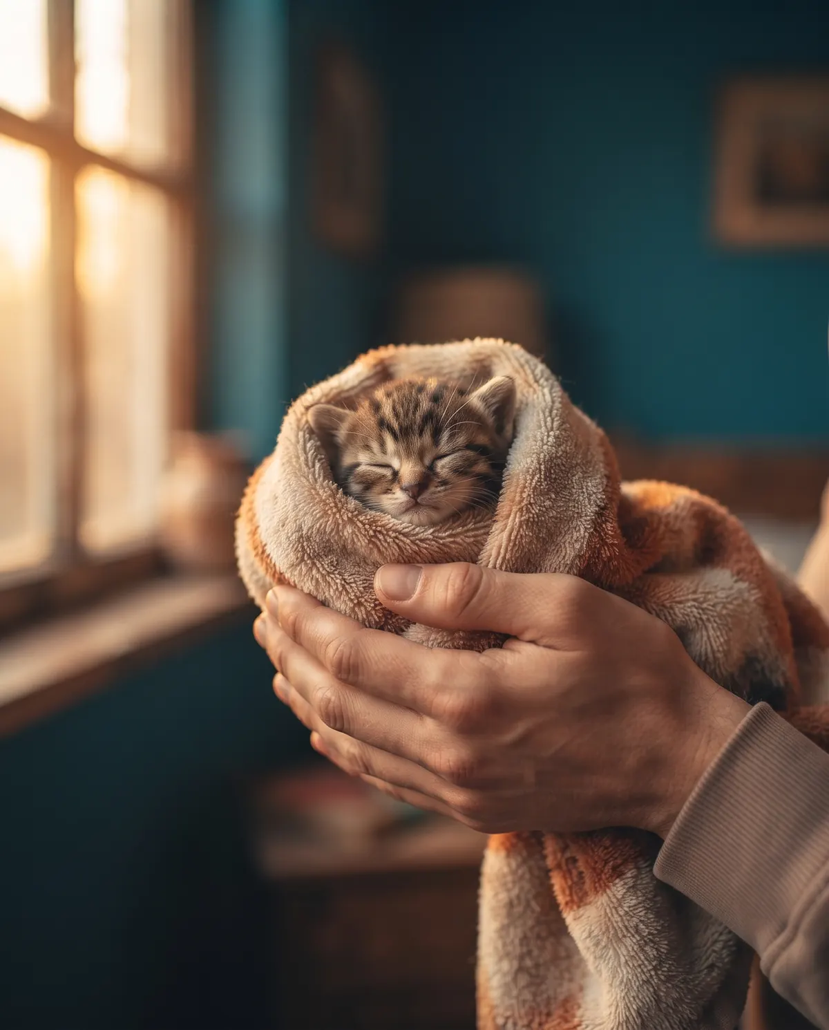Mãos segurando um filhote de gato enrolado em uma manta perto da janela