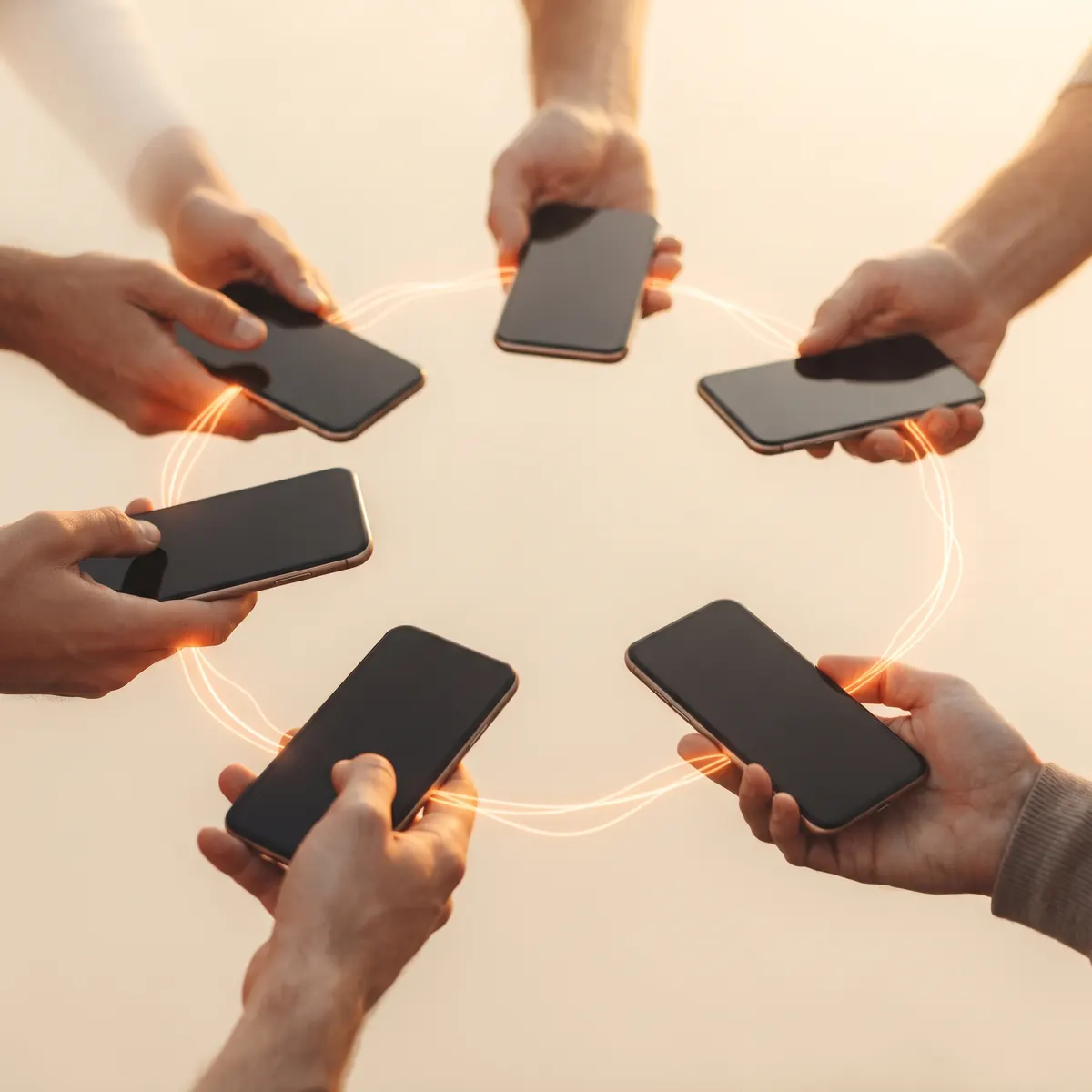 Várias mãos segurando celulares em roda, ligadas por um fio de luz