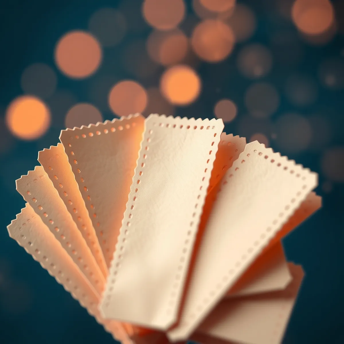 Bilhetes de papel creme em leque, três deles acesos por dentro com luz coral